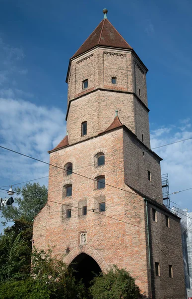 Historische Vogeltor Het Centrum Van Augsburg Beieren Tegen Een Blauwe — Stockfoto