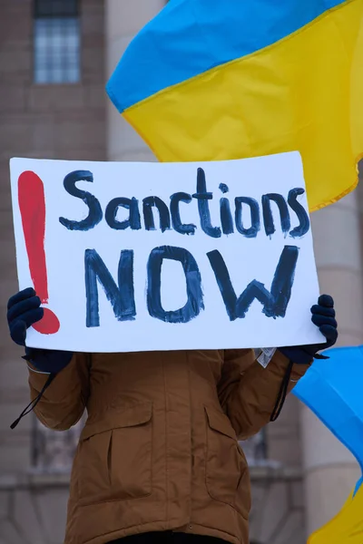 Helsinki Finland February 2022 Demonstrator Rally Russias Military Actions Ukraine Stock Image