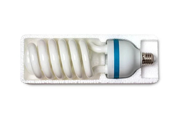 Top Kilátás Spirál Fluoreszkáló Energiatakarékos Lámpa Elszigetelt Fehér Alapon Nyírás — Stock Fotó