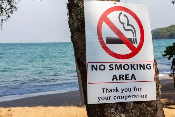 No smoking area sign is placed on a tree on the beach.