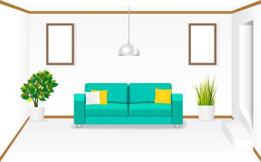 Living room with sofa, pillows, picture frame, lamp, grass and tree pot. Interior design vector illustration.