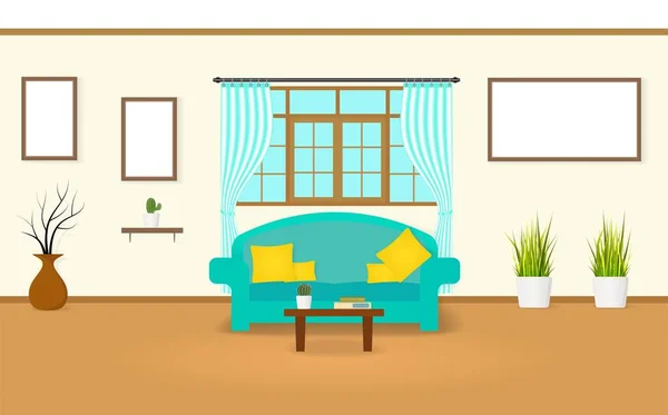 Living Room Windows Curtains Sofa Pillows Picture Frame Table Cactus —  Vetores de Stock