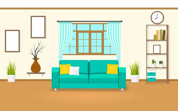 Living Room Windows Curtains Sofa Pillows Picture Frame Shelf Cactus — Stockvector