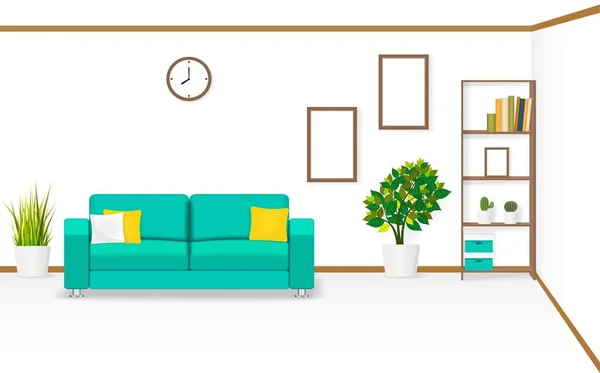 Living Room Sofa Pillows Picture Frame Shelf Wall Clock Cactus — Stockvector