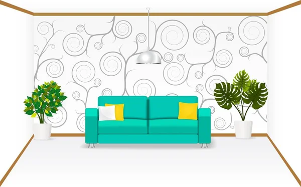 Living Room Wallpaper Sofa Pillows Lamp Tree Pots Interior Design — Διανυσματικό Αρχείο