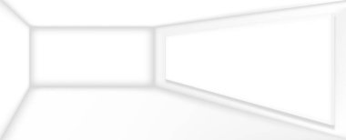 Boş beyaz oda, boş galeri çerçevesi olan duvar vektörü illüstrasyonu. Arkaplan için soyut 3B iç şablon.