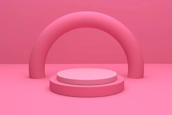 Podio Rendering Colore Rosa Pacifico Con Colonna Arco Sfondo Rosa — Foto Stock