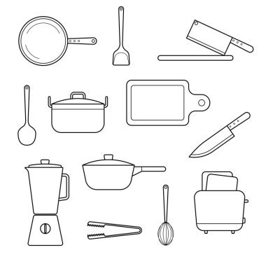 Mutfaktaki ekipman beyaz arka planda izole edilmiş. Tencere, kepçe, kızartma tavası, blender, kesme tahtası, bıçak, tost makinesi, Tong, Flipper ve yumurta çırpma vektör resimleme simgesi seti.