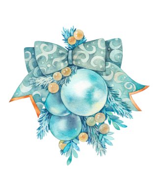 Noel süsleri, balolar. Beyaz arkaplanda suluboya çizimi.