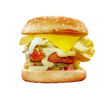 Beyaz arka planda izole edilmiş büyük, ev yapımı bir sandviç..