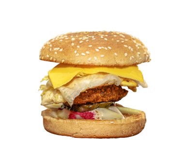 Beyaz arka planda izole edilmiş büyük, ev yapımı bir sandviç..