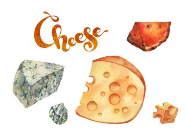 Peynir takımı. Beyaz arkaplanda suluboya çizimi.