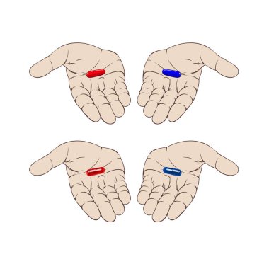 Red and blue pill in the palm.