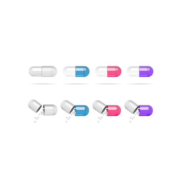 Tablets Capsules Different Colors White Background Set — Stock vektor