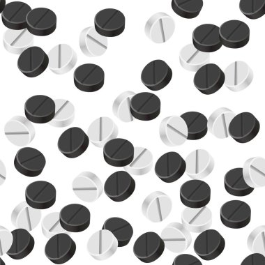 Black and white pills on a white background. Pattern.