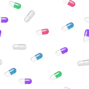 Multi-colored pills capsules on a white background. Pattern.