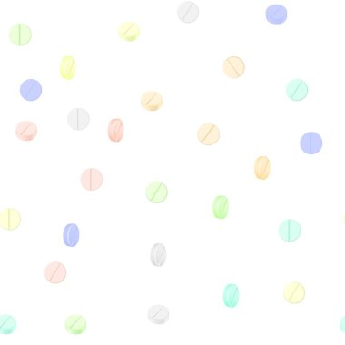 Multi-colored pills capsules on a white background. Pattern.