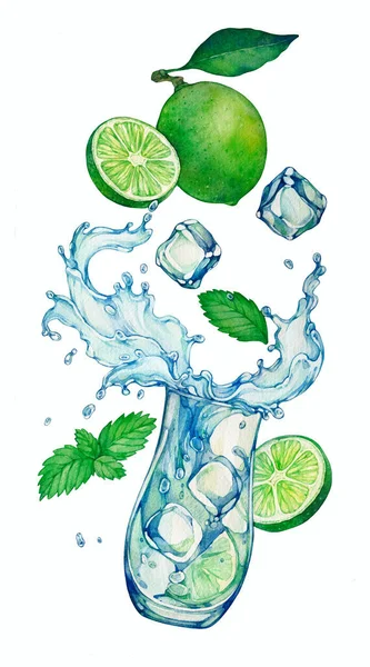 Mojito Cocktail Med Lime Och Akvarell Illustration Vit Bakgrund — Stockfoto