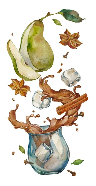 Päroncocktail Med Choklad Och Akvarell Illustration Vit Bakgrund — Stockfoto