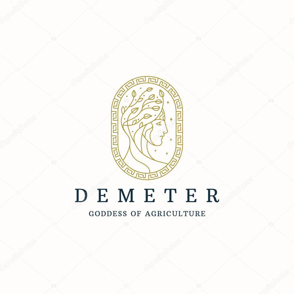Demeter the Ancient Greek goddess of grain and agriculture logo icon design template line style flat vector