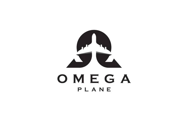 Omega Symbol Plane Shape Travel Logo Icon Design Template Flat — Vetor de Stock