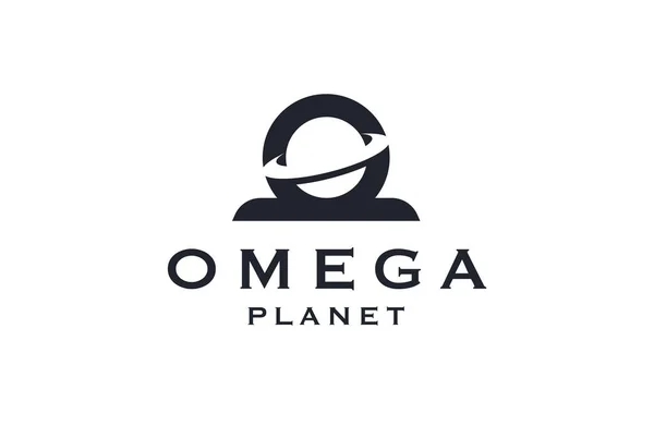 Omega Symbol Planet Shape Logo Icon Design Template Flat Vector — Vetor de Stock