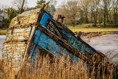 Kirkcudbright, İskoçya - 9 Ocak 2021: Wellspring adı verilen eski bir geminin pruvası nehir kıyısında karaya vurmuş.