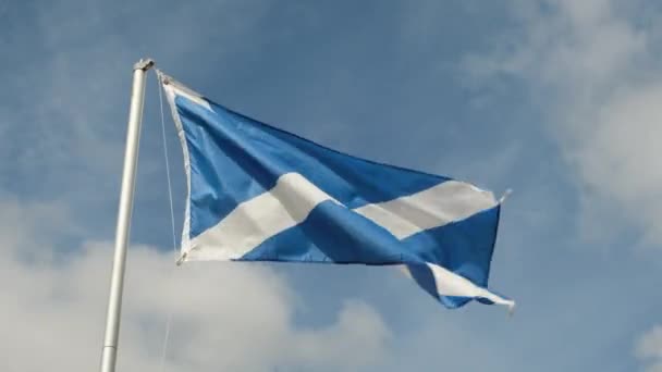 Andrew Cross Saltire National Flag Scotland Flying Wind Blue Sky — Stock Video