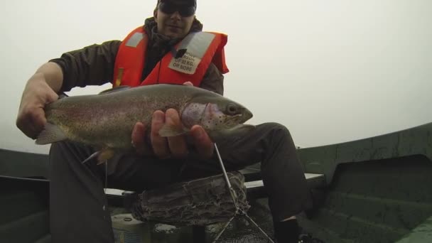 Ein Fliegenfischer Mit Einer Regenbogenforelle Die Gerade Gefangen Hat Während — Stockvideo