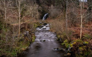 Grey Mare 'in Kuyruk Şelalesi Kışın yanıyor, Galloway Orman Parkı, İskoçya