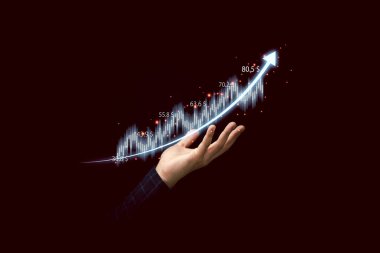 Borsa bilgileri ve yatırım konsepti analizi için elinde ok bulunan bir simsar..