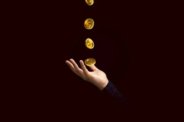 金币落入商人手中从收入或利润的概念中获得金钱 硬币元素由3D渲染 — 图库照片