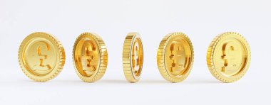 Beyaz zemin üzerinde üç boyutlu işlemeli altın sterlin madeni paralardan izole edilmiş..