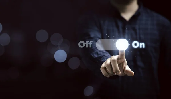 Empresário Tocando Botão Alternância Virtual Para Mudar Desligado Para Ligado — Fotografia de Stock