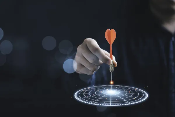 Businessman Throwing Red Arrow Dart Virtual Target Dart Board Setup — Stock Photo, Image