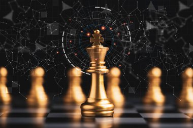 Altın kral satranç rakibi ile karanlık arka planda karşılaşmak ve strateji fikri ve gelecekteki konsept için bağlantı hattı