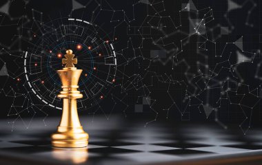Satranç tahtasında tek başına duran altın kral ve strateji fikri ve fütüristik kavram için bağlantı çizgisi olan karanlık arkaplan.