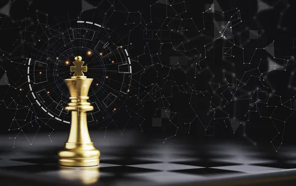 Golden King Chess Standing Alone Chess Board Dark Background Connection — Stock Photo, Image