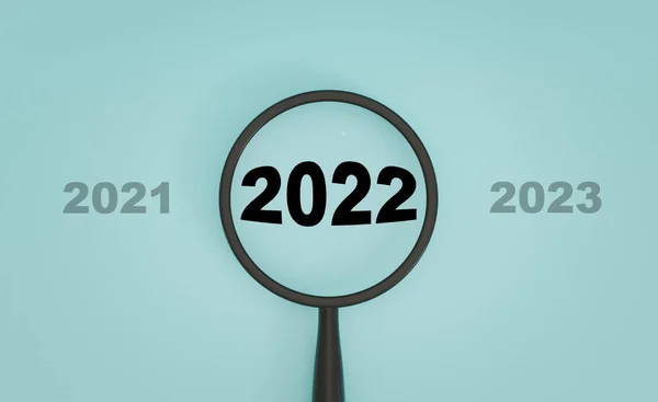2022 Year Magnifier Glass 2021 2023 Blue Background Focus Start — Stock Photo, Image