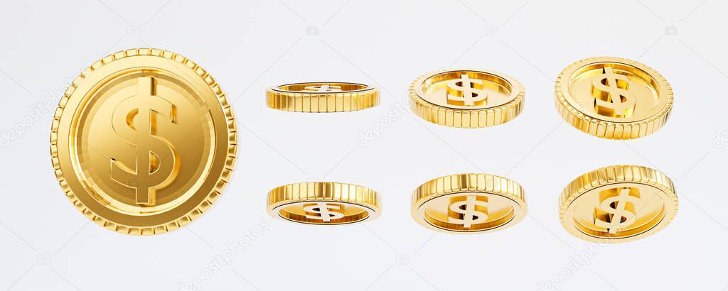 Isolate of golden USD dollar coins in different angle and rotation on white background by 3d rendering.