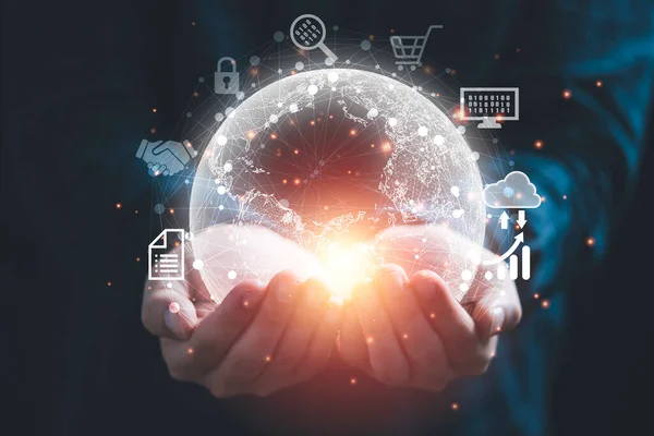 Hand Holding Virtual World Connection Technology Icon Globalisation Metaverse Digital — Stockfoto