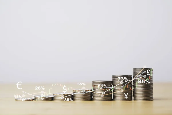 Зростання Монет Таблицею Графіків Фондового Ринку Валютним Знаком Збереження Підвищення — стокове фото