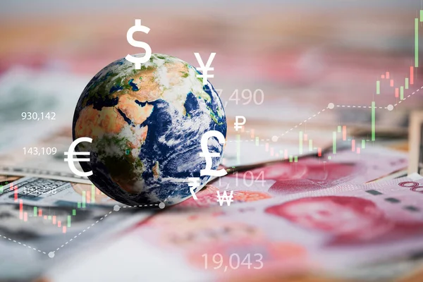 Uluslararası banknotlardaki döviz işaretli dünya para transferi ve ticaret öngörüsü konsepti için dolar yen yuan sterlinidir.