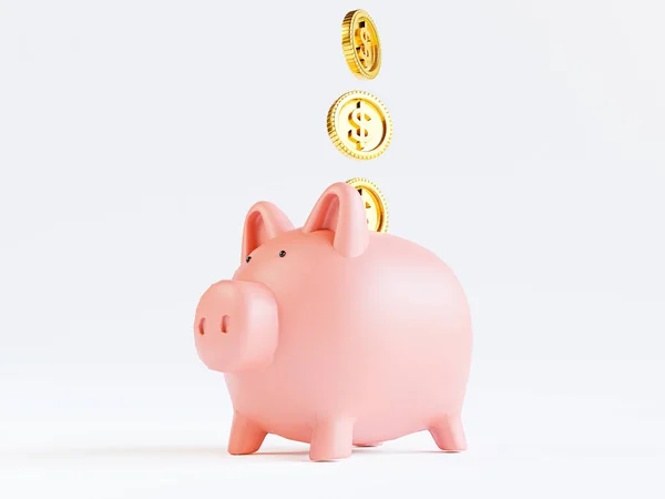 ピンクのピンクの貯金箱に入れて黄金のコイン預金と3Dレンダリングによる経済成長の概念のための白い背景にお金を節約 — ストック写真