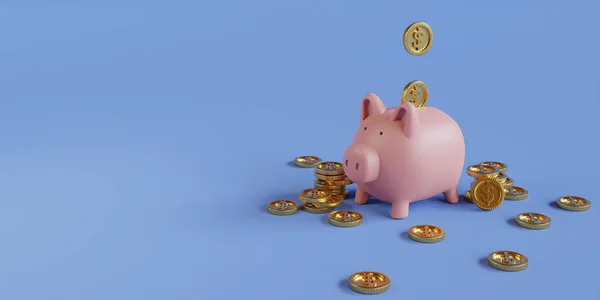 ピンクの貯金箱に入れて黄金のコインは 預金や3Dレンダリングによる経済成長の概念のための青の背景にお金を節約 — ストック写真
