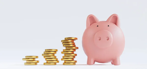 金貨積み上げとピンクの貯金箱預金と3Dレンダリングによる経済成長の概念のための白い背景にお金を節約 — ストック写真