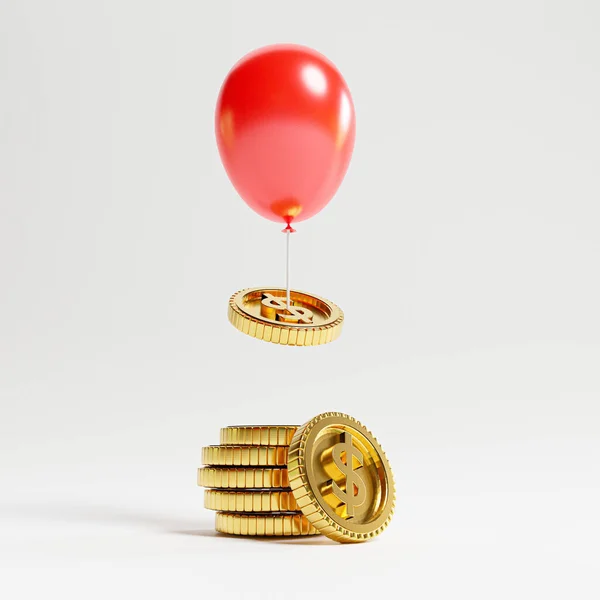 Covid 大流行概念后 金币从堆积如山的红色气球中飞出 以换取货币和经济通胀 — 图库照片