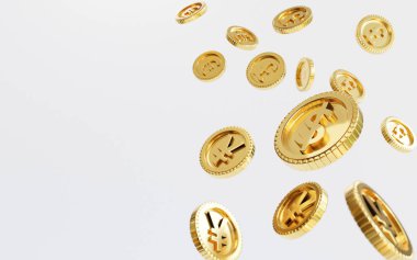 Yatırım ve mevduat tasarruf kavramı için beyaz zemin üzerinde uçan Amerikan Doları sikkelerinin 3 boyutlu olarak izole edilmesi.