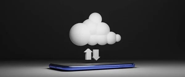 Virtuális Fehér Felhő Számítástechnika Mobiltelefonon Nyíllal Információk Megosztására Adatok Feltöltésével — Stock Fotó