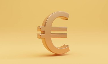 Döviz kurları ve para transferi konsepti için sarı zemin üzerindeki altın euro işareti, Avrupa Birliği bölgesinin 3d tarafından hazırlanan ana parası Avro.